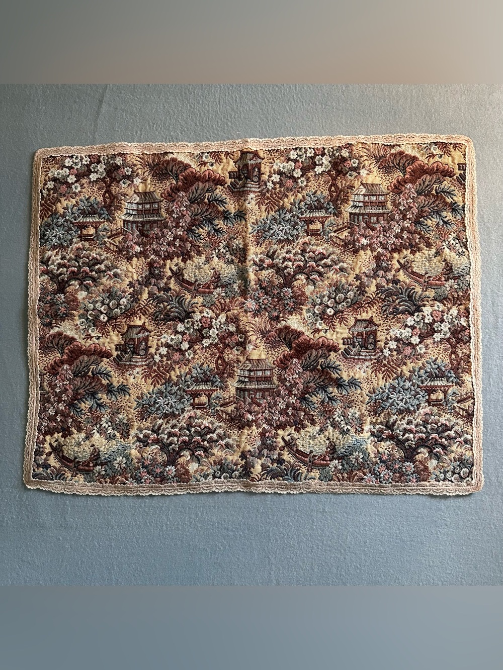 Vintage Chinoiserie Woven Tapestry Table Topper Pagoda Asian Garden 24x19 Lace